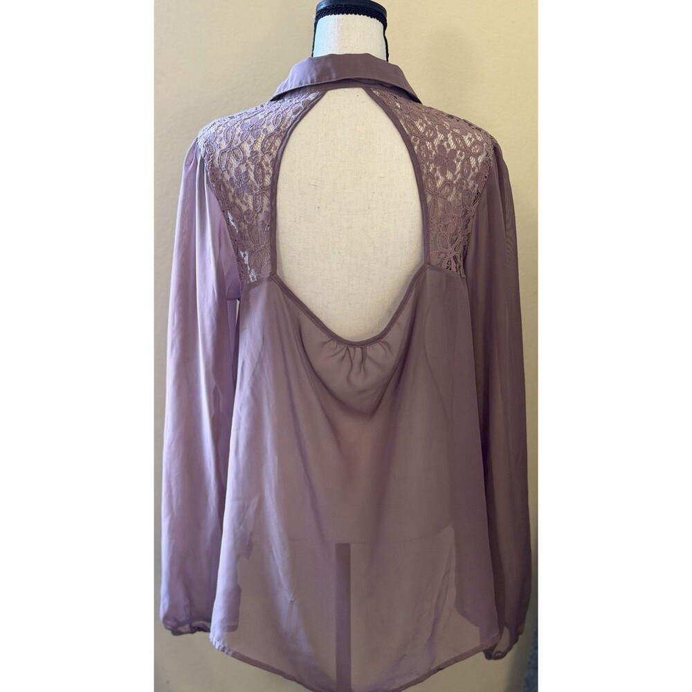 Studio Y Lavender Sheer Blouse Large Lace Open Back Button Down Romantic Boho - Picture 3 of 6